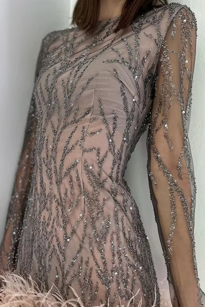 Elegante minivestido de malla con dobladillo de plumas y cuello redondo