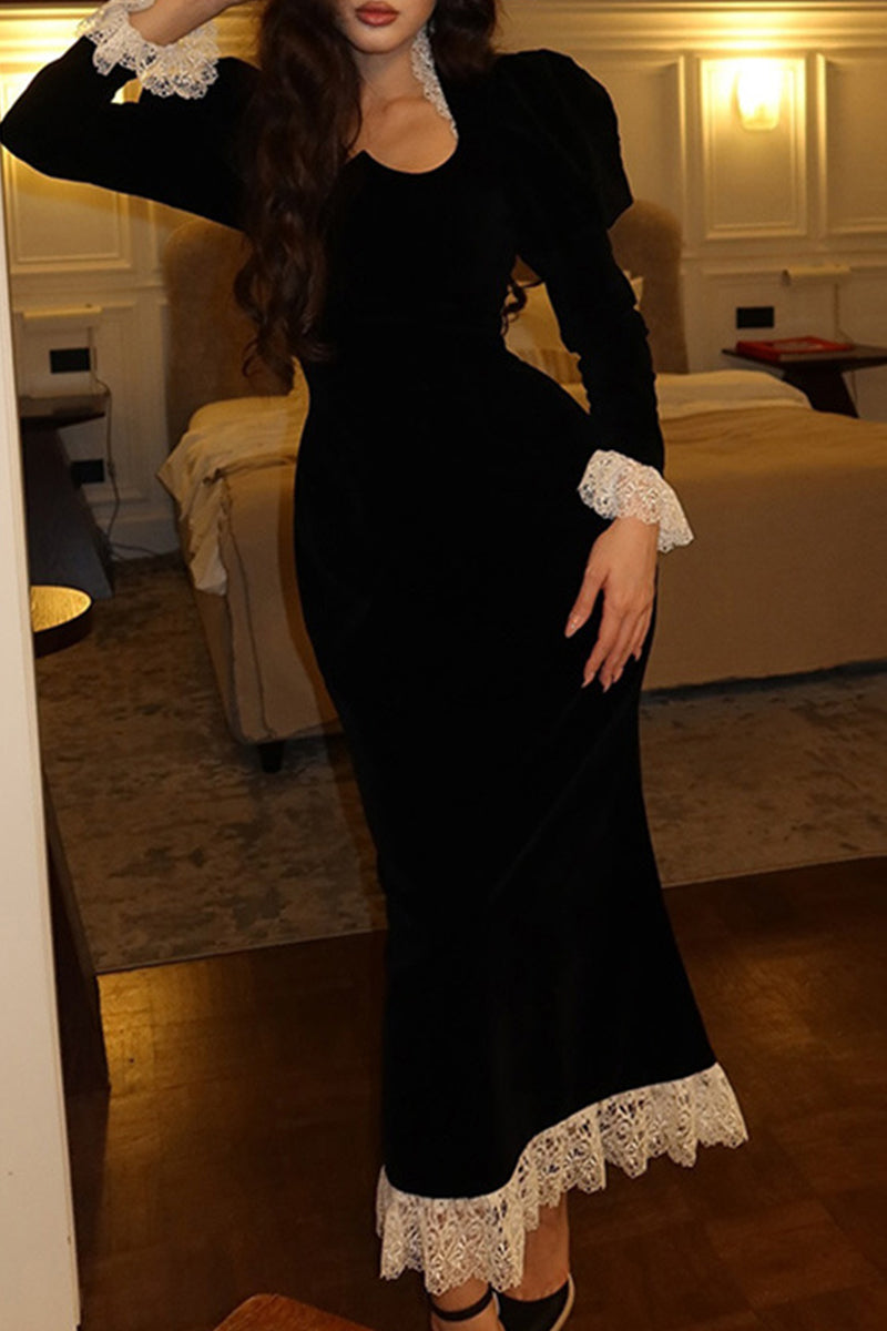 Elegant Lace Patchwork Velvet Square Neck Wrapped Skirt Dresses