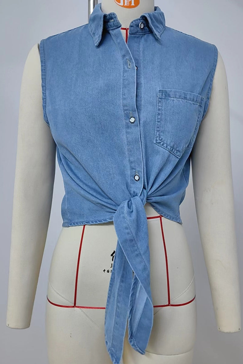 Blusas casuales con botones y cordones y cuello vuelto