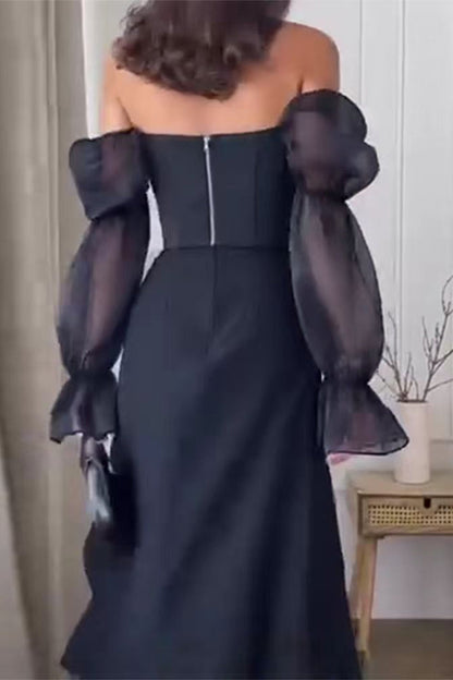 Vestidos sexis de corte A con aberturas de malla y hombros descubiertos