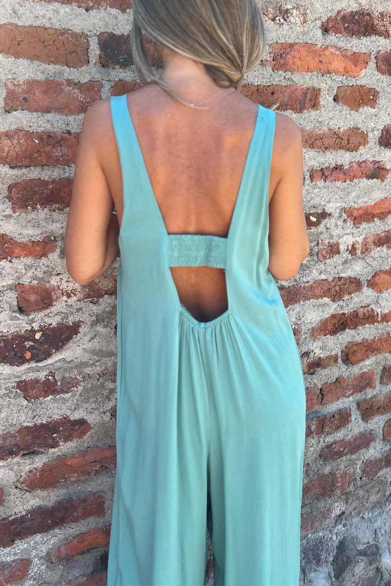 Mono informal con botones y bolsillos, espalda descubierta, cuello en U y corte bota (3 colores)