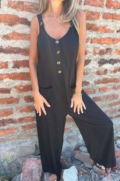 Mono informal con botones y bolsillos, espalda descubierta, cuello en U y corte bota (3 colores)