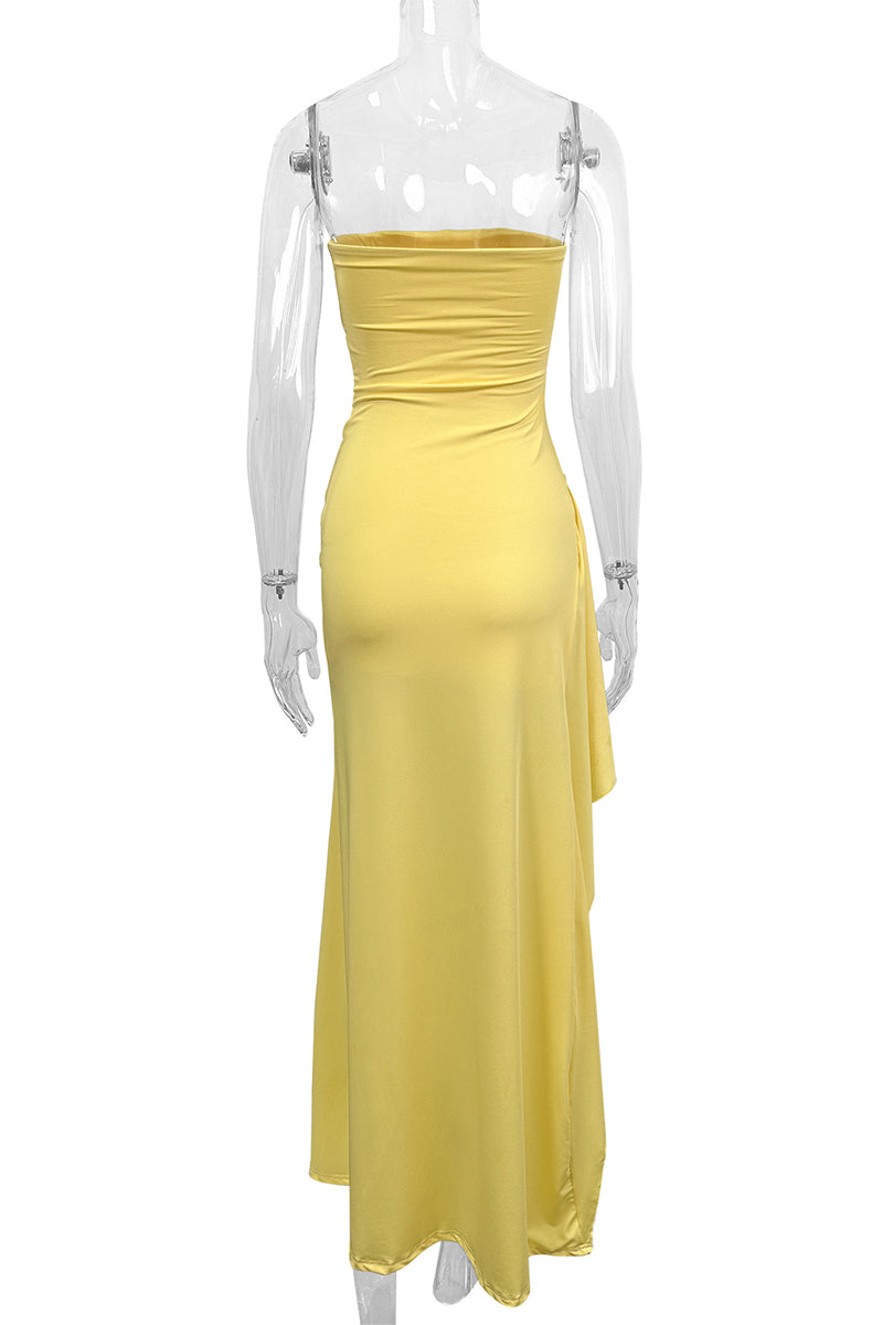 Vestidos de noche sexys sin tirantes con abertura y volantes