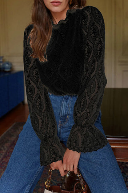 Blusas sexys de encaje con volantes y cuello de hoja de loto (3 colores)