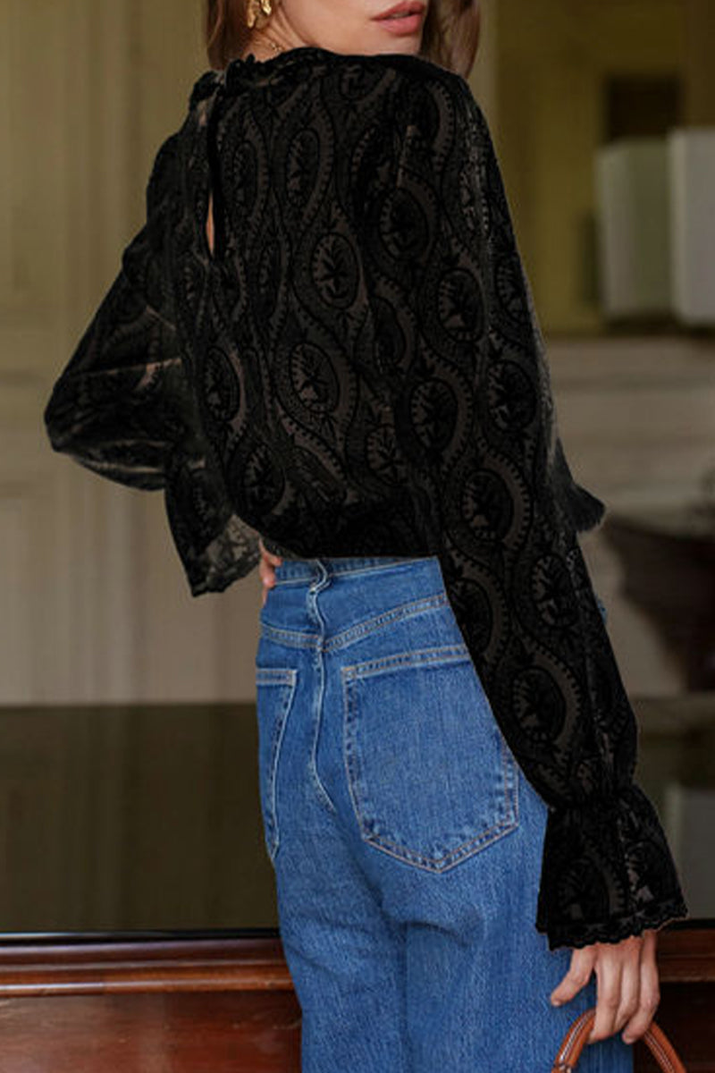 Blusas sexys de encaje con volantes y cuello de hoja de loto (3 colores)