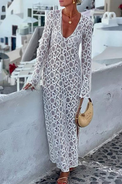Sexy Solid Color Lace Up See-Through Slit V Neck Long Sleeve Dresses
