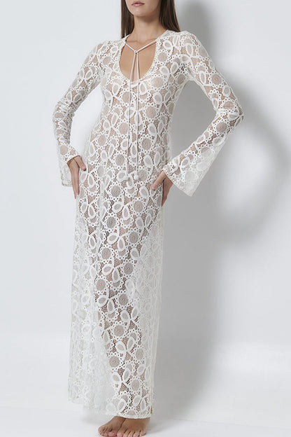 Sexy Solid Color Lace Up See-Through Slit V Neck Long Sleeve Dresses