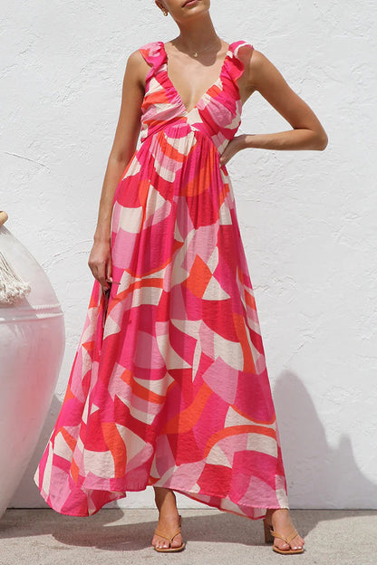 Vacation Geometric Print Flowers Contrast V Neck Long Dresses