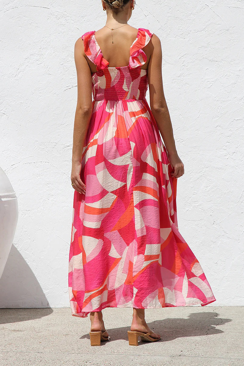 Vacation Geometric Print Flowers Contrast V Neck Long Dresses