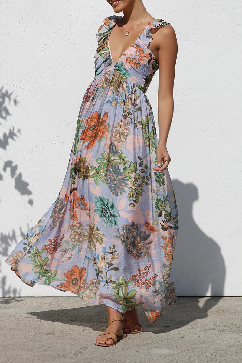 Vacation Geometric Print Flowers Contrast V Neck Long Dresses