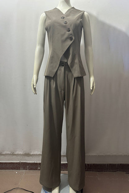 Conjunto casual de dos piezas con botones, escote en V y sin mangas