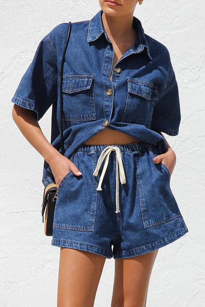 Casual Distressed Draw String Pocket Turndown Collar Short Sleeve Two Pieces