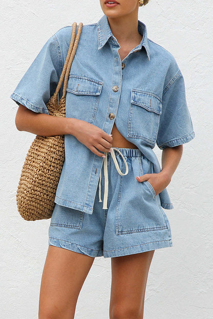 Casual Distressed Draw String Pocket Turndown Collar Short Sleeve Two Pieces