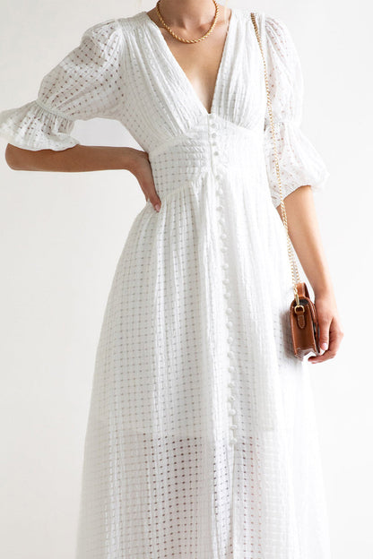 Elegante vestido de corte A con escote en V y botones de patchwork (3 colores)