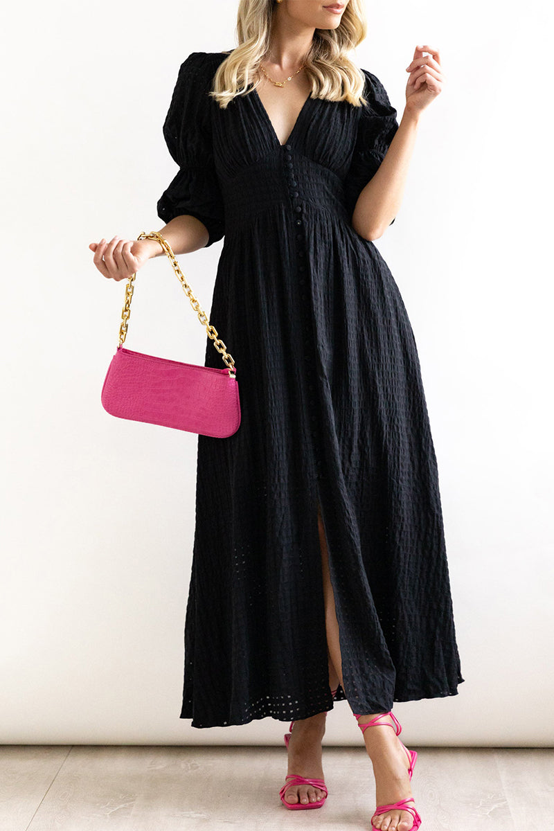 Elegante vestido de corte A con escote en V y botones de patchwork (3 colores)