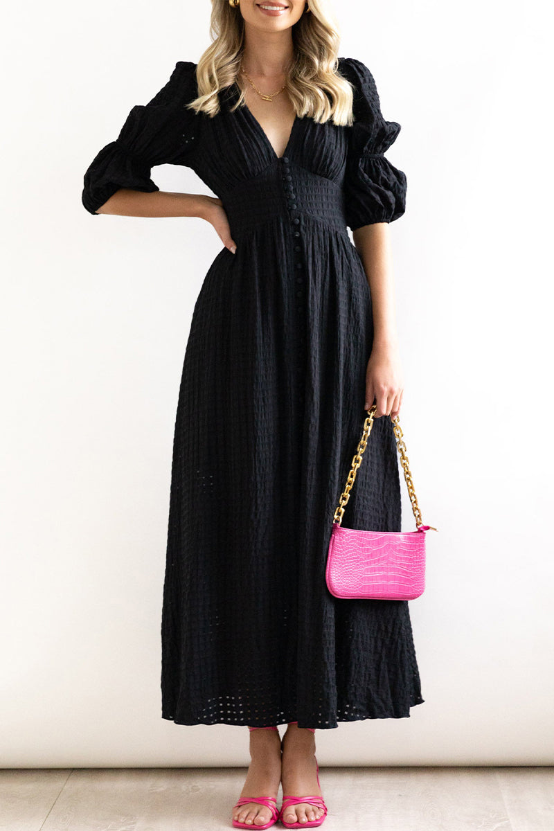 Elegante vestido de corte A con escote en V y botones de patchwork (3 colores)