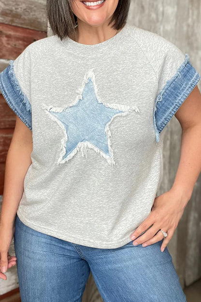Casual The stars Distressed Patchwork O Neck T-Shirts