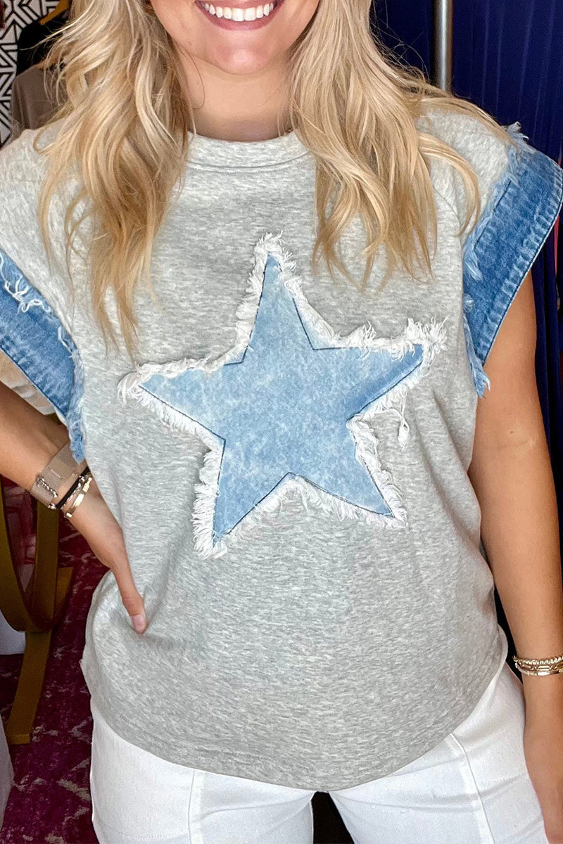 Camisetas informales con cuello redondo y parches desgastados de estrellas