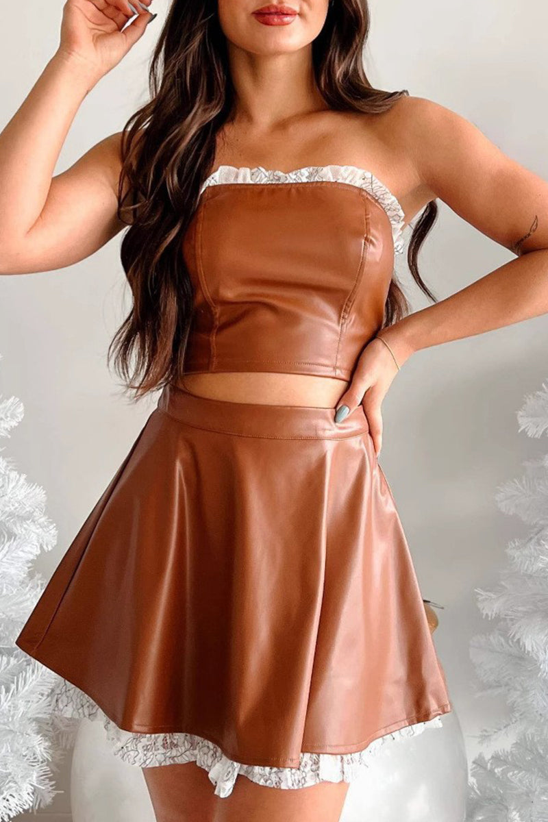 Conjunto de dos piezas de encaje sexy con retazos, cremallera, sin tirantes y sin mangas