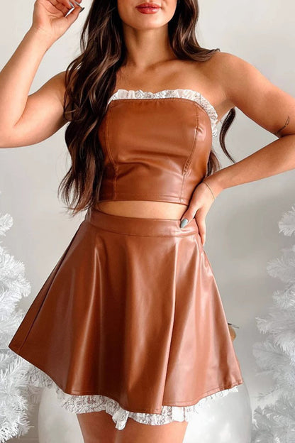 Conjunto de dos piezas de encaje sexy con retazos, cremallera, sin tirantes y sin mangas