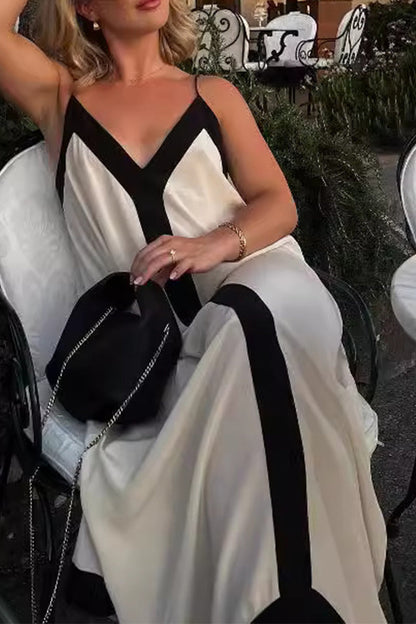 Vestidos casuales con cuello en V, rayas y patchwork en contraste