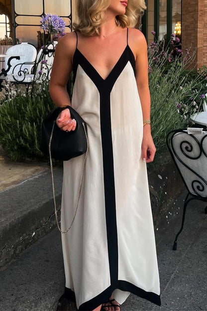 Vestidos casuales con cuello en V, rayas y patchwork en contraste