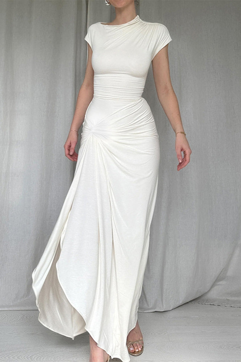 Vestido sexy de manga corta con escote redondo fruncido y abertura