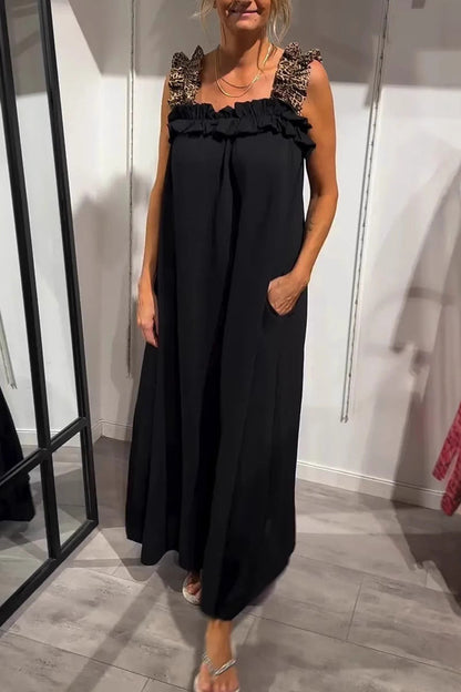 Vestidos largos informales con cuello cuadrado, volantes y bolsillos de leopardo (8 colores)