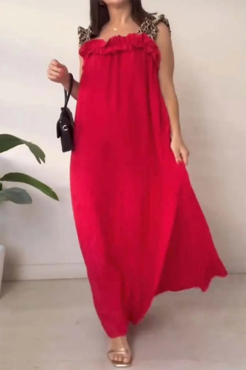 Vestidos largos informales con cuello cuadrado, volantes y bolsillos de leopardo (8 colores)