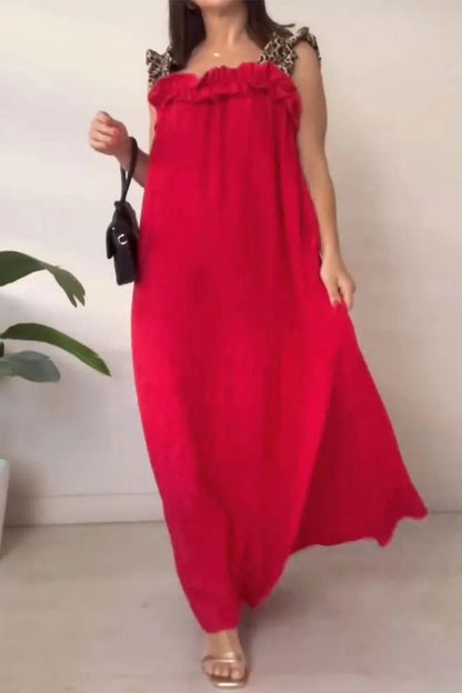 Vestidos largos informales con cuello cuadrado, volantes y bolsillos de leopardo (8 colores)