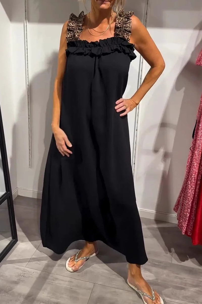 Vestidos largos informales con cuello cuadrado, volantes y bolsillos de leopardo (8 colores)