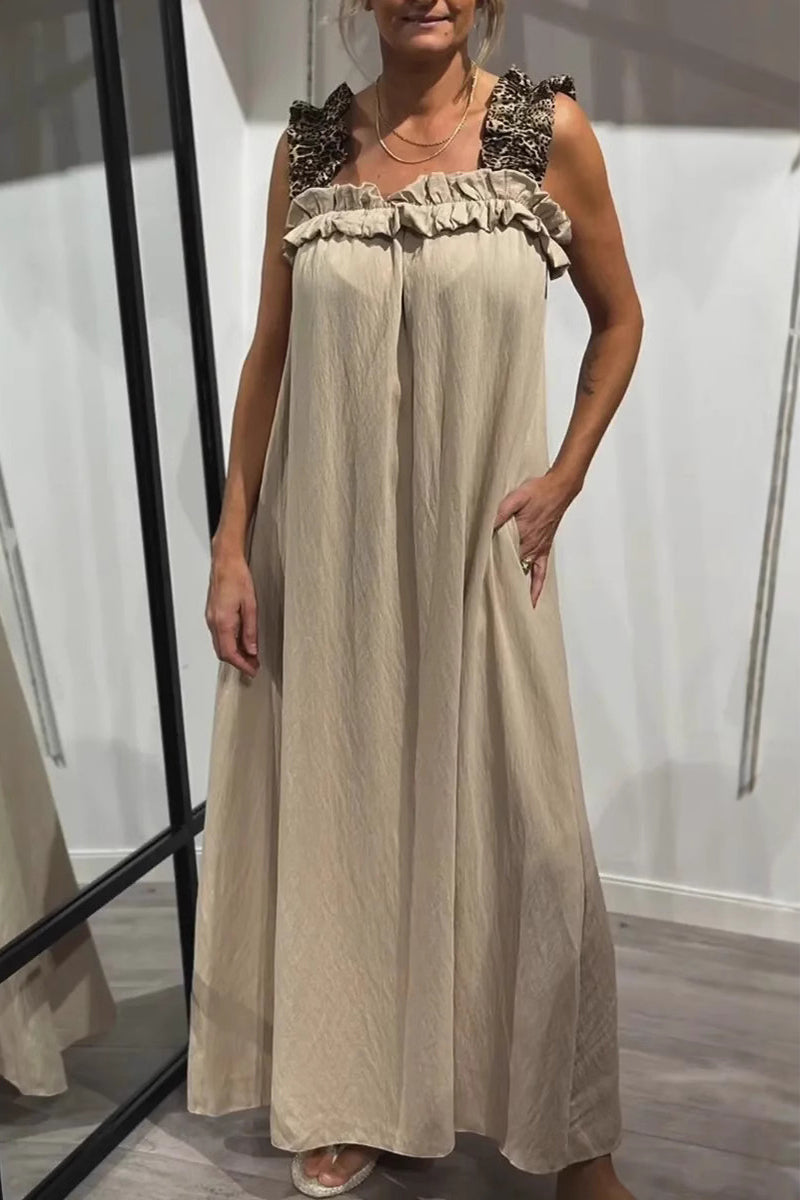 Vestidos largos informales con cuello cuadrado, volantes y bolsillos de leopardo (8 colores)