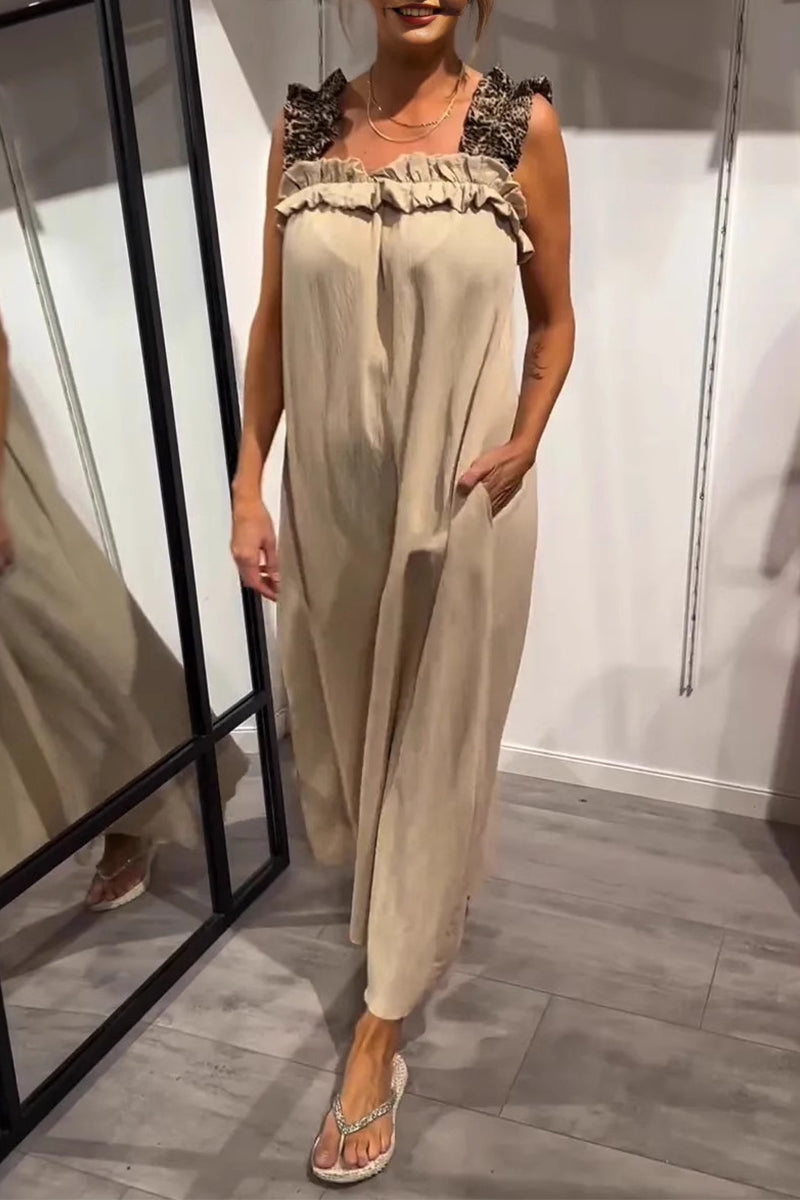 Vestidos largos informales con cuello cuadrado, volantes y bolsillos de leopardo (8 colores)