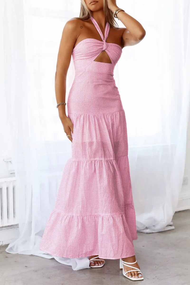 Vestidos casuales largos con cuello halter y cordones en jacquard