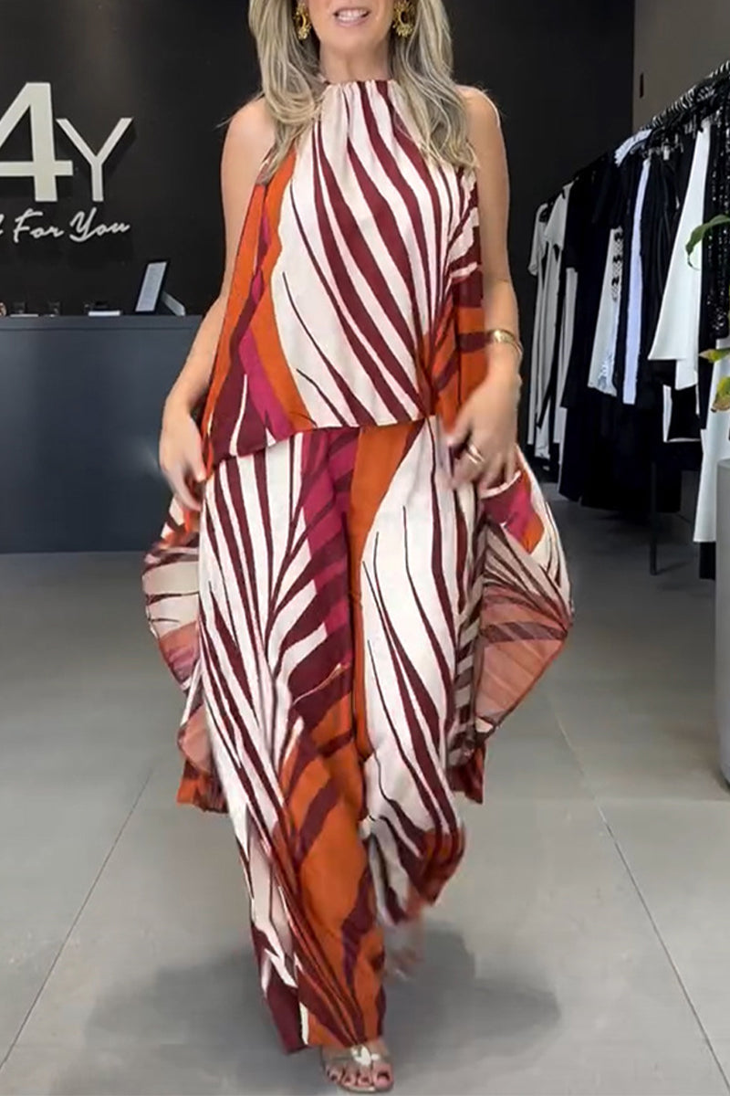 Conjunto de dos piezas informal con estampado de rayas, cordones, contraste irregular, cuello redondo, sin mangas