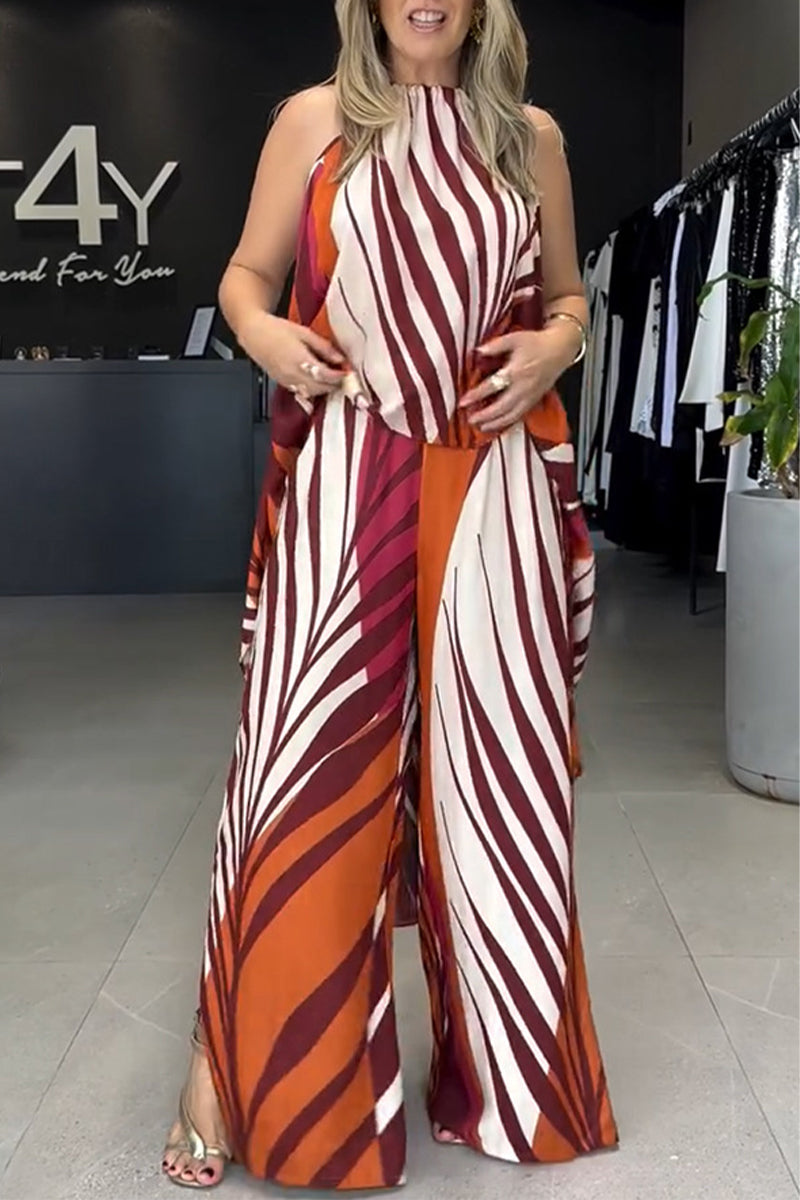 Conjunto de dos piezas informal con estampado de rayas, cordones, contraste irregular, cuello redondo, sin mangas