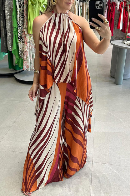 Conjunto de dos piezas informal con estampado de rayas, cordones, contraste irregular, cuello redondo, sin mangas