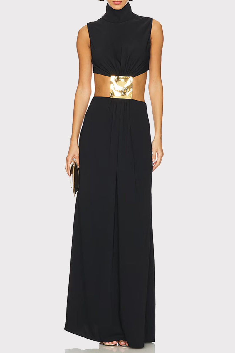 Vestidos largos sexis de cuello alto con adornos metálicos y detalles de color sólido