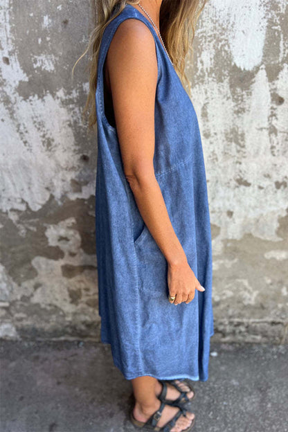 Casual Solid Color Pocket Buttons O Neck Sleeveless Dresses