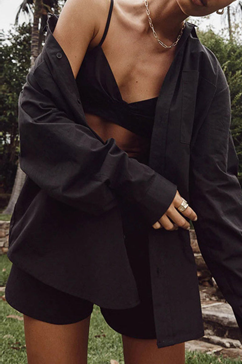 Casual Solid Color Pocket Turndown Collar Long Sleeve Three Pieces