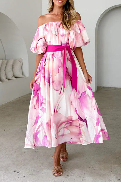 Elegante vestido de corte A con hombros descubiertos, encaje y estampado floral