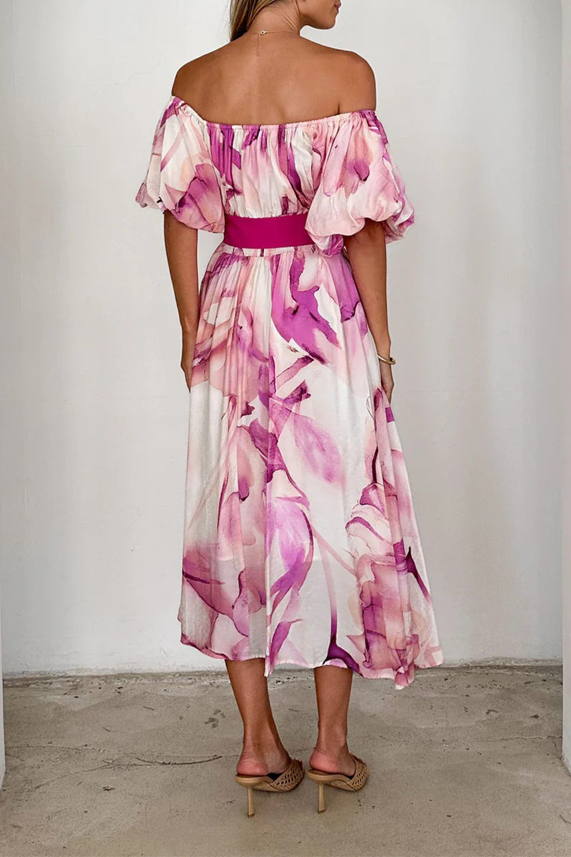 Elegante vestido de corte A con hombros descubiertos, encaje y estampado floral