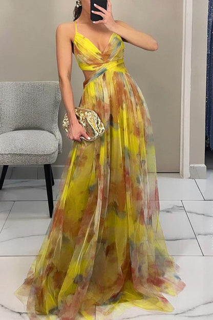 Sexy Gradient Print Backless Contrast V Neck Long Dresses