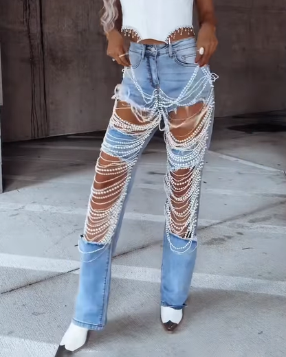 Bead Chain Pendant Ripped Jeans