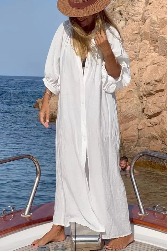 Vestido camisero largo holgado con bolsillos y botones y mangas globo Take A Relax