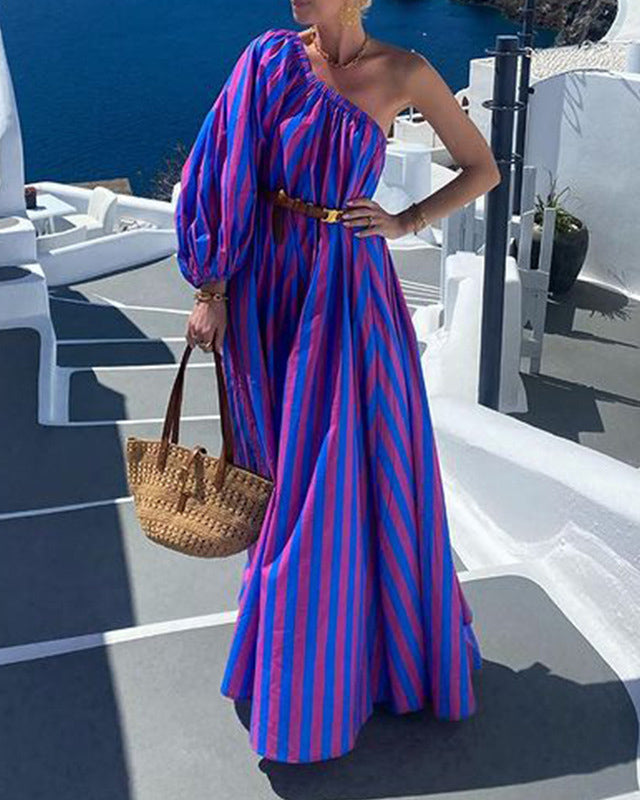 Striped Off-Shoulder Long Resort Dress