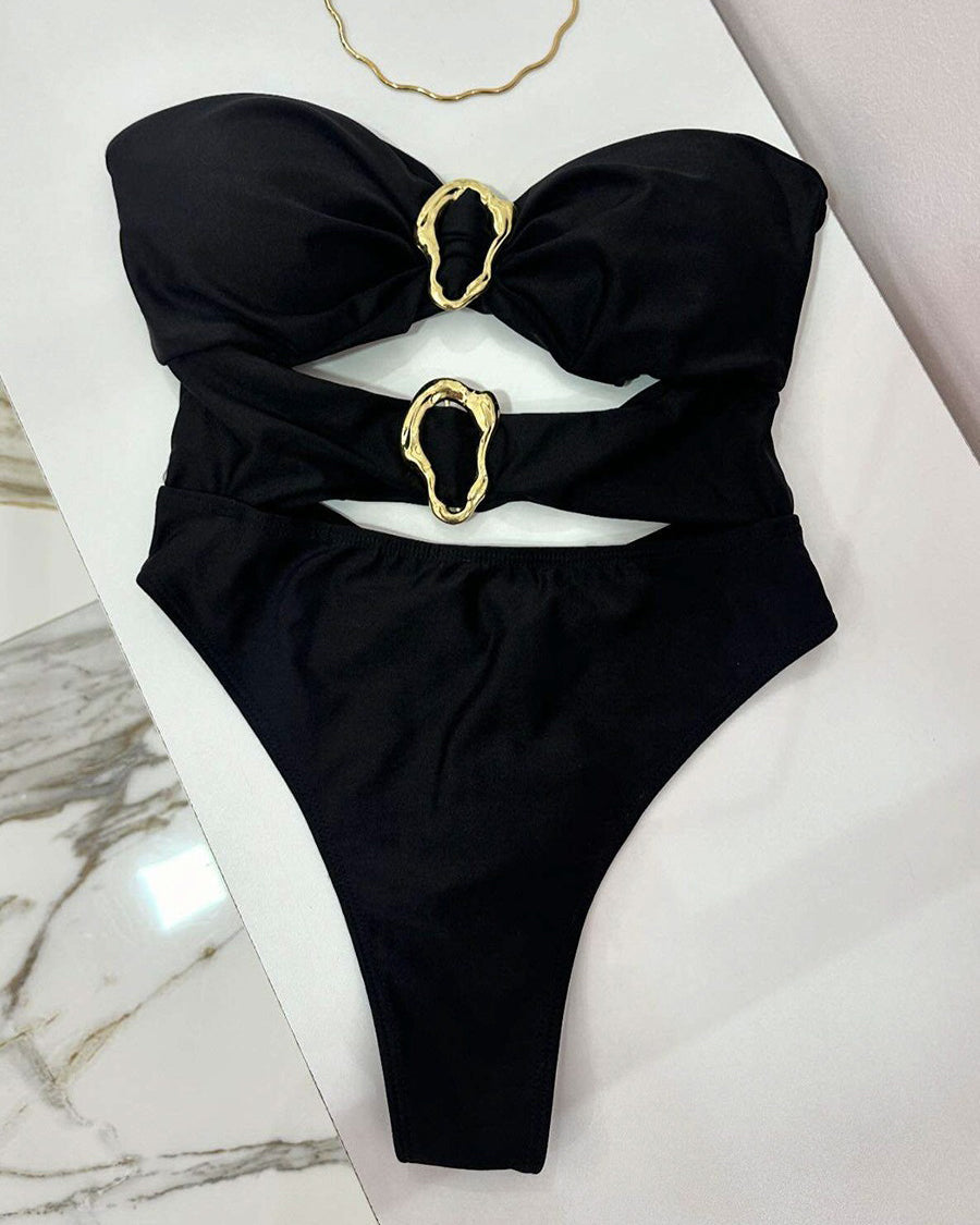Metallic Embellished One Piece Swimsuit Bikini Set