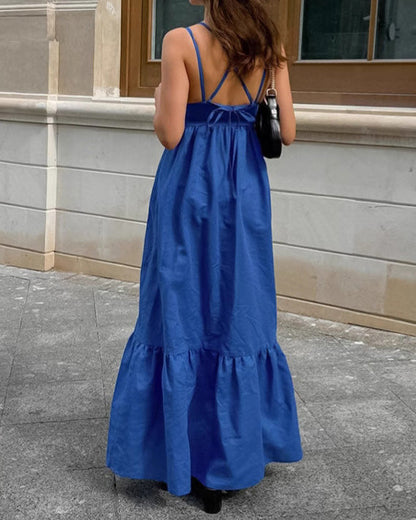 Blue Cotton and Linen V-Neck Halter Back Dress