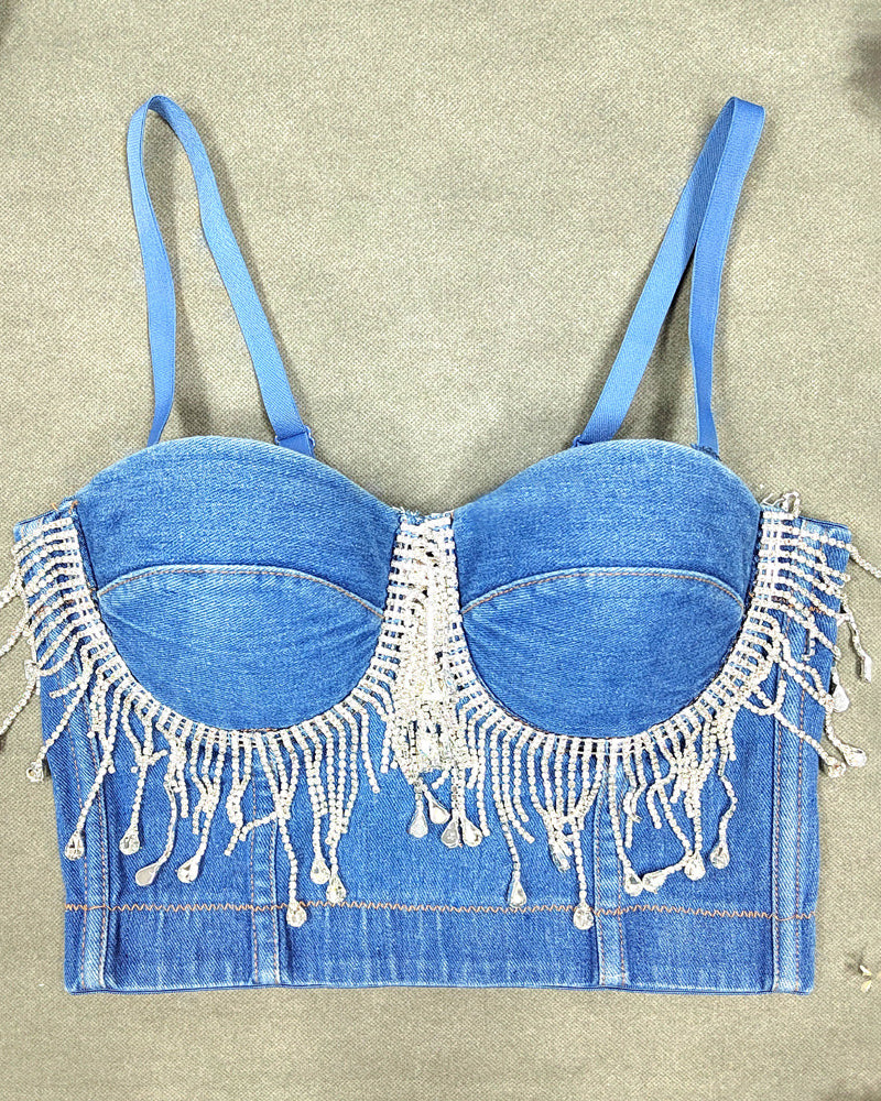 Slim Fit Denim Rhinestone Tassel Beaded Chest Wrap