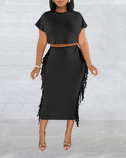 Fringed Crewneck Short-Sleeved Long Skirt Set
